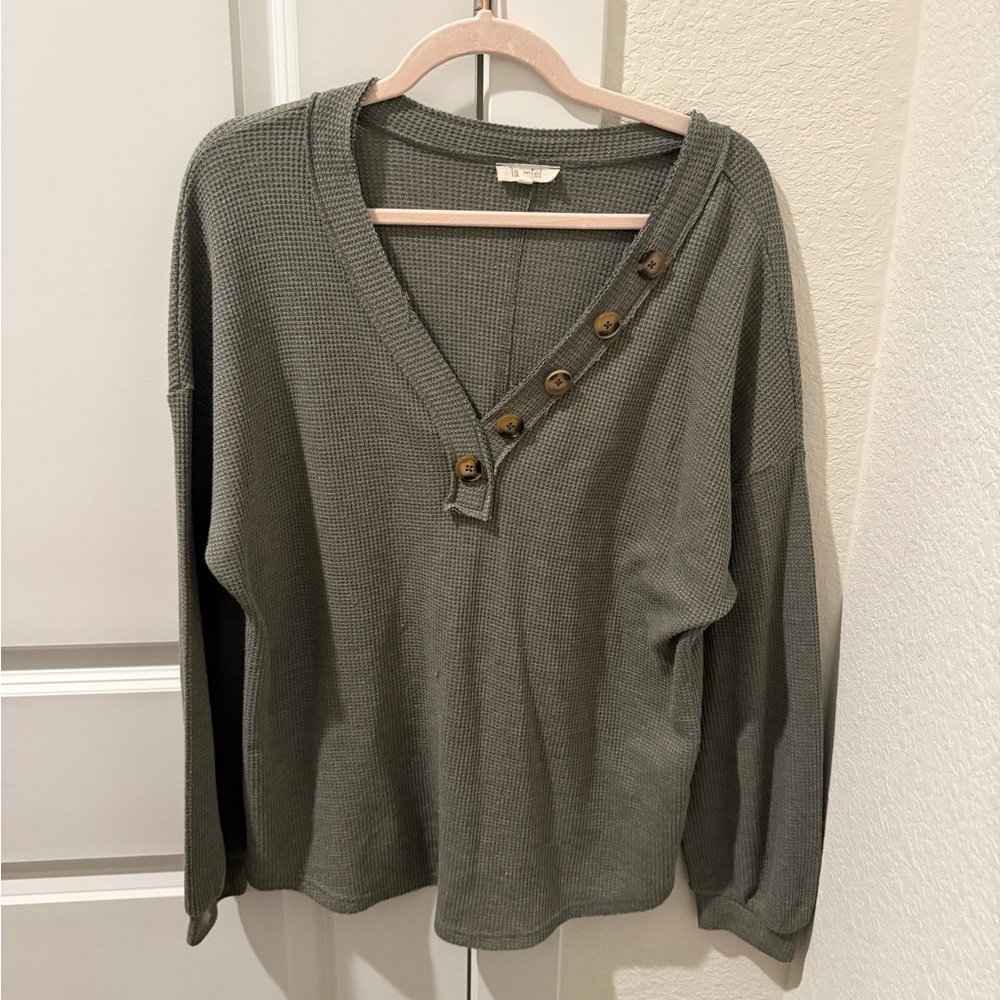 Pink Lily Long Sleeve Button Waffle Shirt - Picture 2 of 6